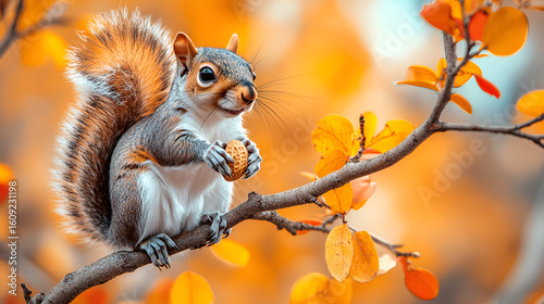 Cute squirrel in the autumn forest with autumn leaves, So cute squirre, bushy tail with nut on brown branch with green leaves