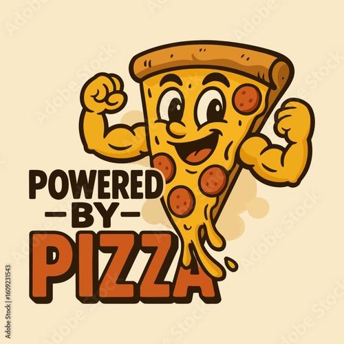 A cartoon pizza with a muscular arm and a smile on its face.
