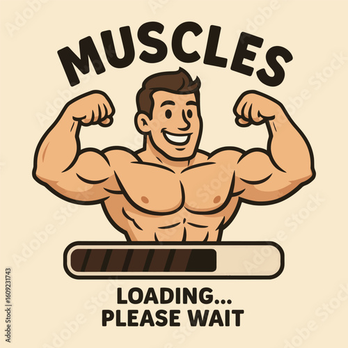 A cartoon man with a muscular build is shown with a loading bar on his chest. The loading bar is in the middle of the chest and is almost full. The man is smiling