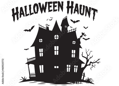 Silhouette of haunted house with halloween haunt text