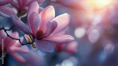 Magnolia Flowers Bloom Beautifully During Sunset at a Serene Garden.