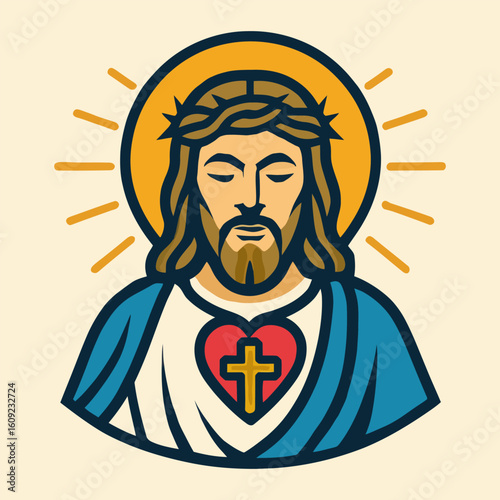 A man with a cross and a heart on his chest. The man is Jesus Christ. The heart is red and the cross is white