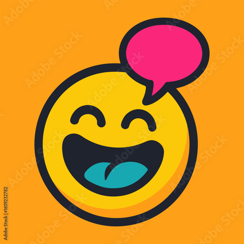 A smiling face with a pink speech bubble above it. The speech bubble is pink and has a smiley face inside. Concept of happiness and positivity