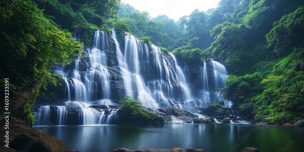 Fototapeta premium Lush greenery, calm water, majestic falls