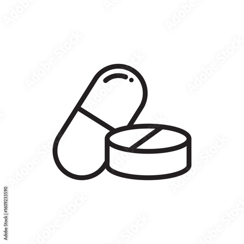 Pills Icon – Capsule and Tablet Medicine Line Art Symbol