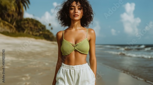 Young Woman in Green Top Walking on Sunny Beach With Palm Trees in Background