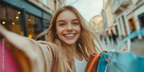 Smiling young woman taking selfie with city street in background, holding shopping bags.