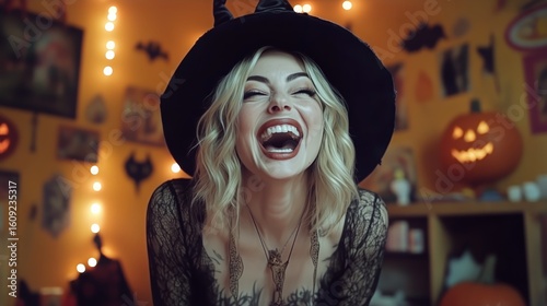 Woman in a Black Witch Hat Smiles Brightly in a Pumpkin-Decorated Street Duri...