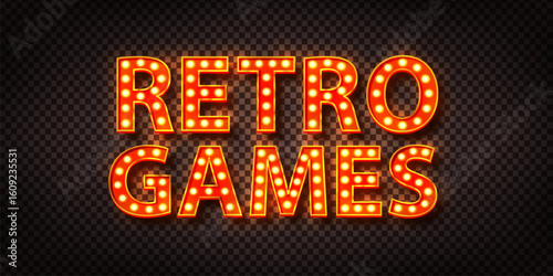 Vector marquee neon sign of Retro Games isolated on the transparent background.