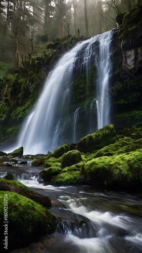 Discover the magic of a vibrant waterfall cascading through lush mossy rocks in a peaceful, misty forest