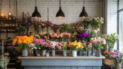 Beautiful Flower Shop Filled With Vibrant Blooms and Natural Light During Aft...