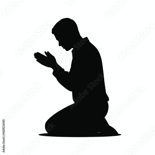 Silhouette of a man kneeling and praying with hands raised, isolated on white background, symbolizing faith, devotion, spirituality, and meditation.