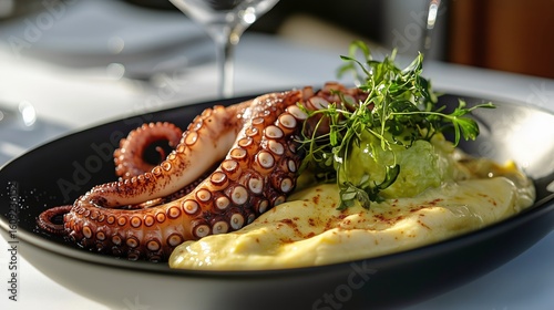 Gourmet Octopus Dish Served Over Creamy Mashed Potatoes With Garnish.