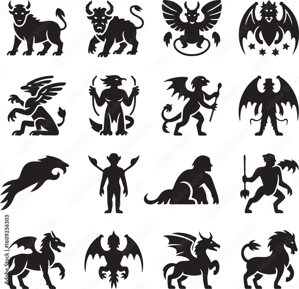 Obraz premium Heraldic, beasts, icon, set, mythological, creatures, silhouette, vector, black, isolated, illustration, design, fantasy, monster, animal