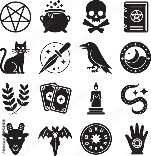 Witchcraft, icon, set, occult, magic, silhouette, vector, black, isolated, illustration, design, wicca, pagan, esoteric, symbol, halloween