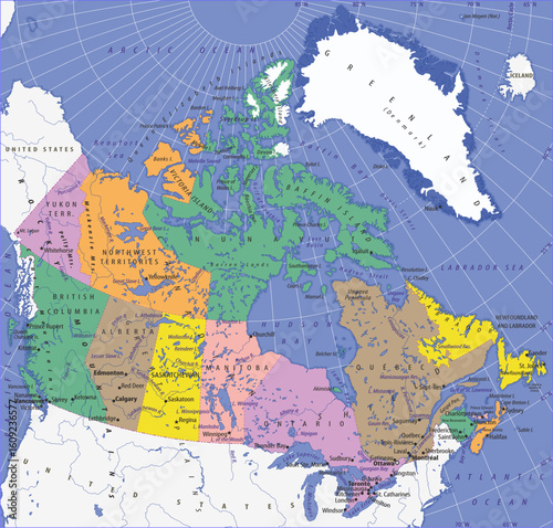 North american continent with canada, greenland, 
iceland, usa. Vector political, physical, geographical world map. Arctic ocean terrain. North pole. Labrador sea, hudson bay. Victoria, baffin island.