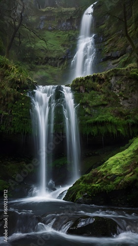 Majestic waterfall cascades through a lush, mossy forest, creating a serene and enchanting natural scene
