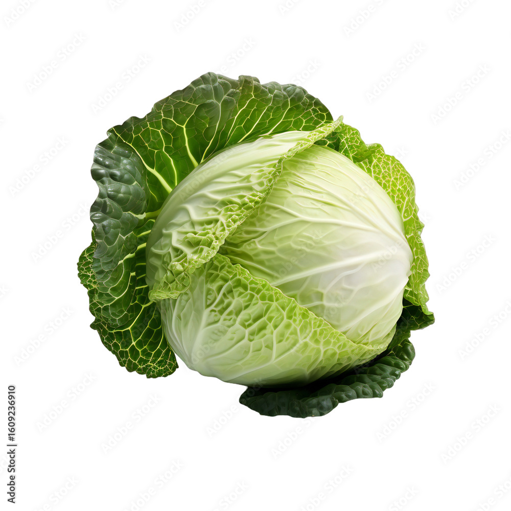 Fototapeta premium Fresh savoy cabbage, showcasing its vibrant green leaves and textured surface, isolated on transparent background.