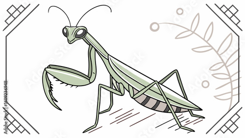 Elegant Praying Mantis Illustration with Geometric Border