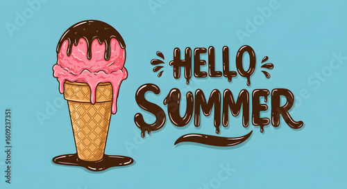 Hello Summer typographic greeting with a dripping chocolate font and a melting pink ice cream cone illustration on a blue background.
