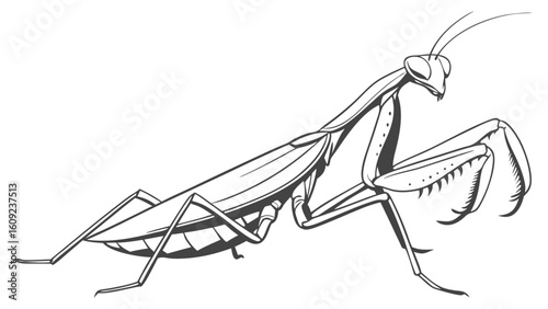 Detailed Line Art of a Praying Mantis Illustration