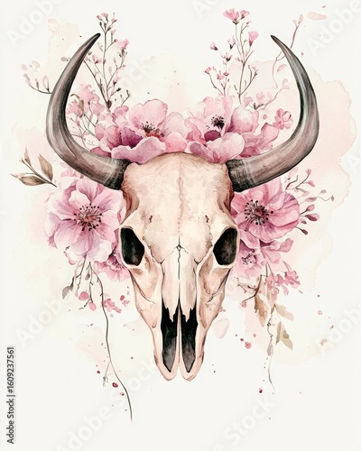 Wallpaper Mural An artistic interpretation of a cow skull framed by delicate blossoms. Torontodigital.ca