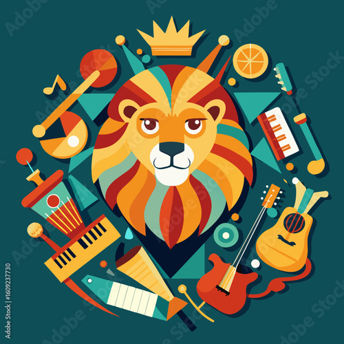 Lion composed of musical instruments, creative harmony-themed vector