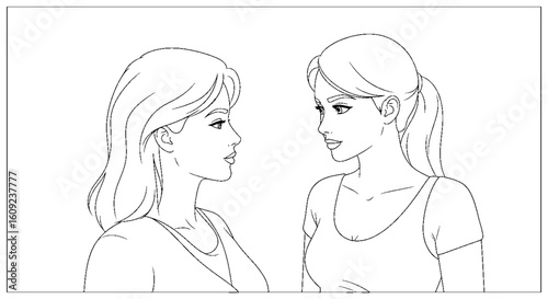 Two beautiful young women facing each other in profile a black and white line art illustration.