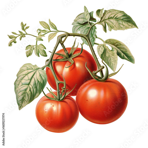 Realistic botanical illustration featuring vibrant red tomatoes on a vine with green leaves on transparent background