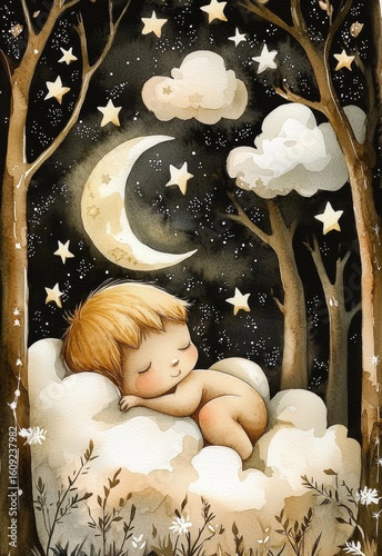 Wallpaper Mural Enchanting scene of a baby's peaceful slumber amidst clouds and forest. Torontodigital.ca