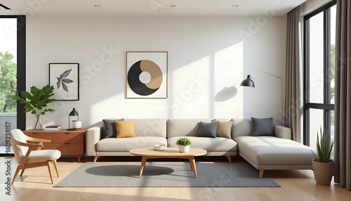 3d japandi studio apartment, minimalist neutral tones, space-saving modern furniture, geometric art wall, cozy interior, compact living