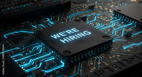 Futuristic technology concept with a glowing 'We're Hiring' message on a computer processor