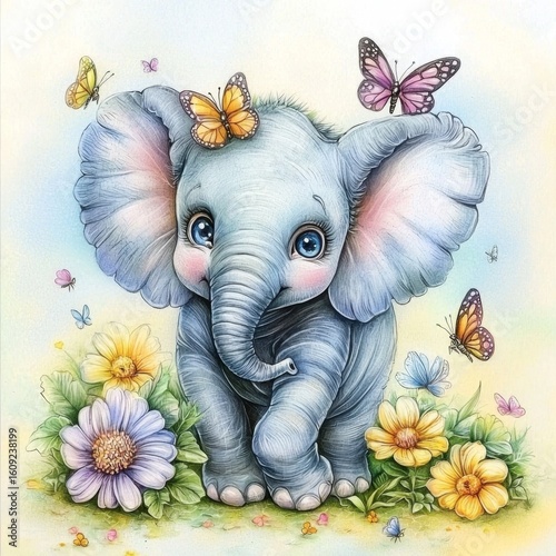 Wallpaper Mural A serene scene featuring an elephant, blooming flowers, and delicate butterflies. Torontodigital.ca