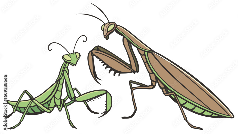 Cartoon Praying Mantis Pair: Green and Brown Insects Illustration on White Background Cartoon Praying Mantis Pair: Green and Brown Insects Illustration on White Background