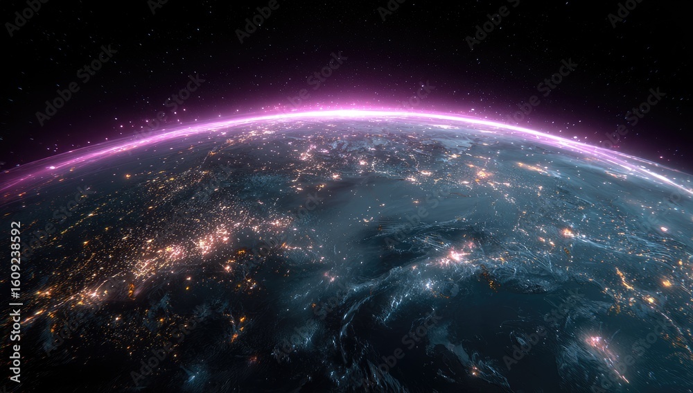 Fototapeta premium Earth at night, lit by city lights, a vibrant pink glow around the horizon