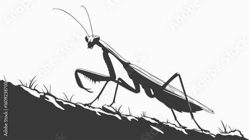 Striking Praying Mantis Silhouette Ascending Grassy Terrain in Black and White Graphic Style