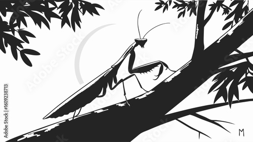 Elegant Praying Mantis Silhouette on Tree Branch with Faint Circular Element in Black and White Illustration