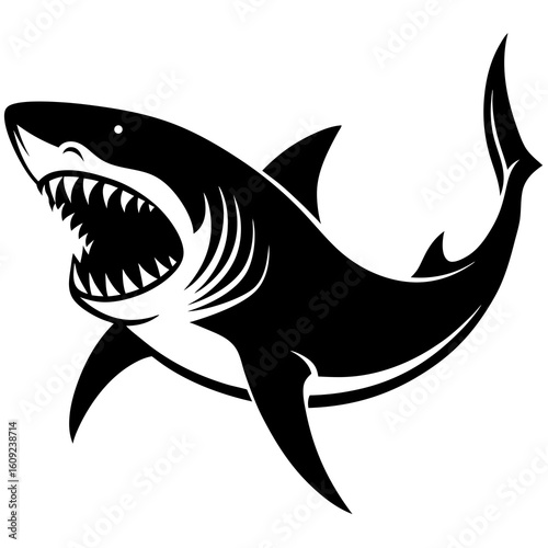 A black shark with white outlines swims isolated on white background