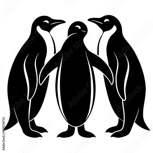 Three black penguins stand together isolated on white background