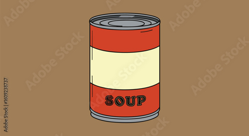 Vector illustration of a generic soup can. Red and beige label displays 'SOUP'. Represents pantry staple, comfort food, and kitchen essentials.