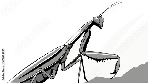 Graphic Black and White Praying Mantis Illustration - Stylized Insect Drawing