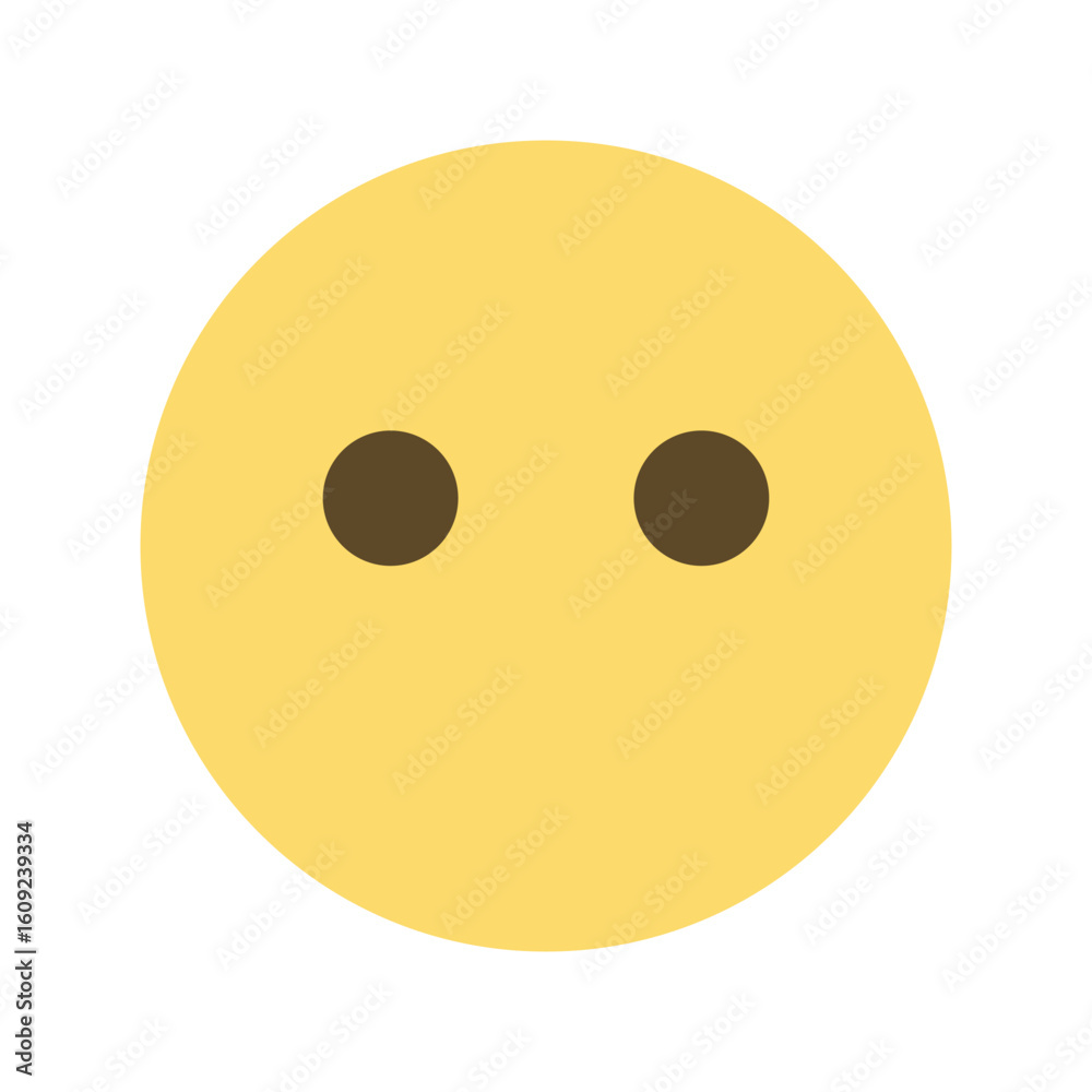 Fototapeta premium Yellow face with two dark brown eyes expressing a neutral emotion on a white plain background