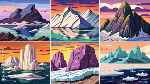 Flat cartoon vector set of polar region coastline with icy floes, cold ocean, rugged cliffs, and purple twilight sky. Arctic winter landscape design for banners