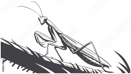Detailed Praying Mantis Illustration on Branch in Black and White. Monochrome Graphic Art of a Mantid Insect with Textured Foliage, Emphasizing its...