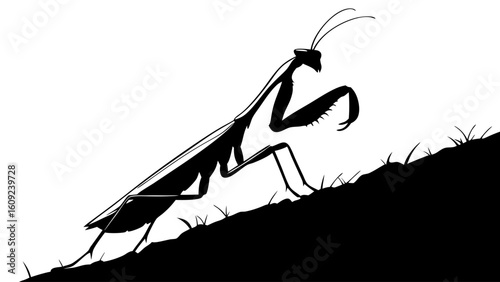 Dynamic Praying Mantis Silhouette Ascending Grassy Slope Illustration - Detailed Insect Graphic Design for Nature and Wildlife Concepts