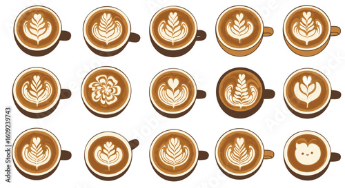 Stylized collection of various coffee cups, each adorned with unique and intricate latte art designs. Ideal for cafe menus and beverage graphics.