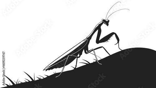 Striking Praying Mantis Silhouette Illustration on a Grassy Incline in Black and White