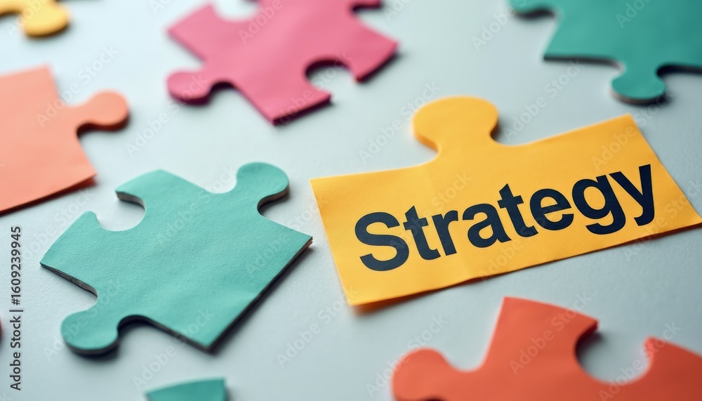 Fototapeta premium Colorful Puzzle Pieces with Strategy Note for Business Concept