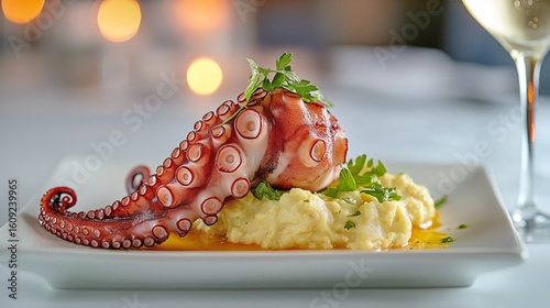 Gourmet Octopus Dish Served Over Creamy Mashed Potatoes With Garnish