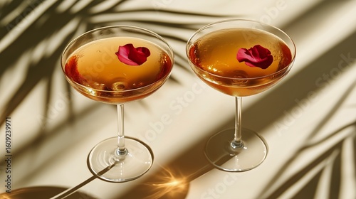 Couple Enjoys Elegant Cocktails With Rose Petals in a Sunny Atmosphere